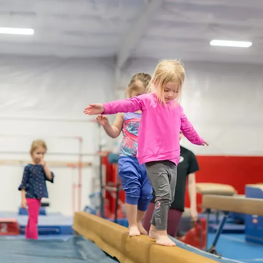 Children on a balance beam in Roots gymnastics programs
