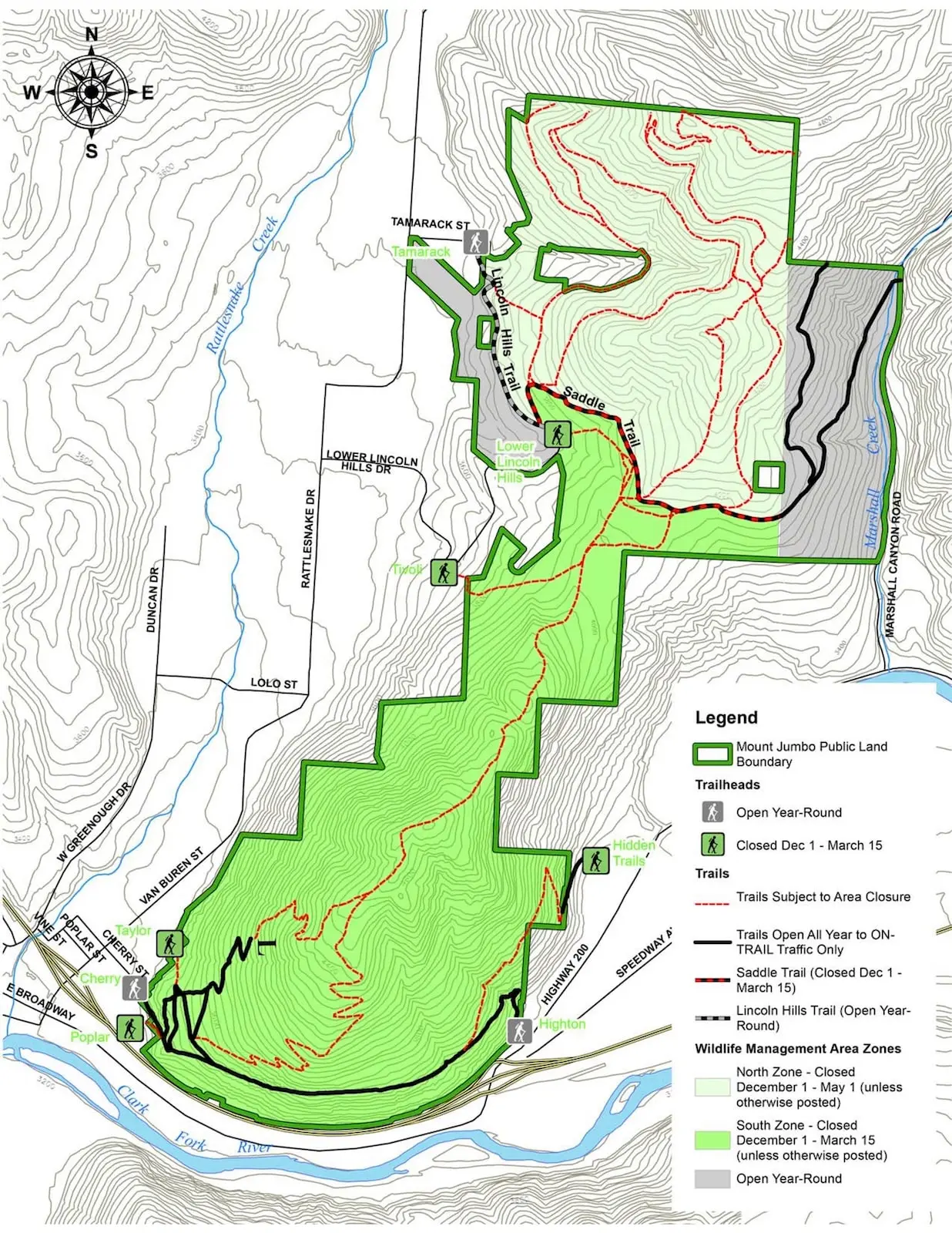 A topographical map showing public land boundaries, trails, and wildlife management zones.