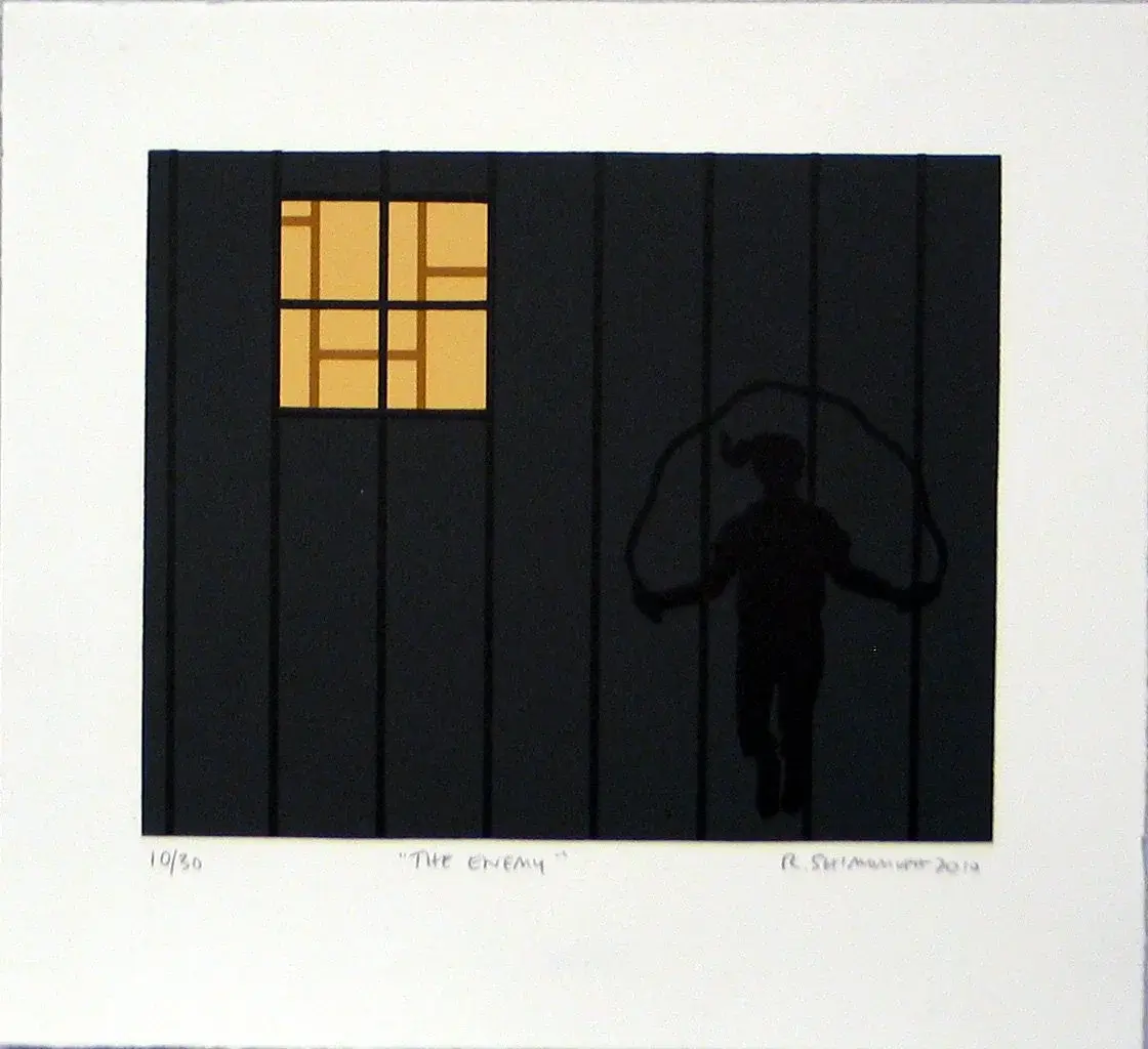 A silhouetted figure jumps rope in front of a dark wall with a illuminated window.