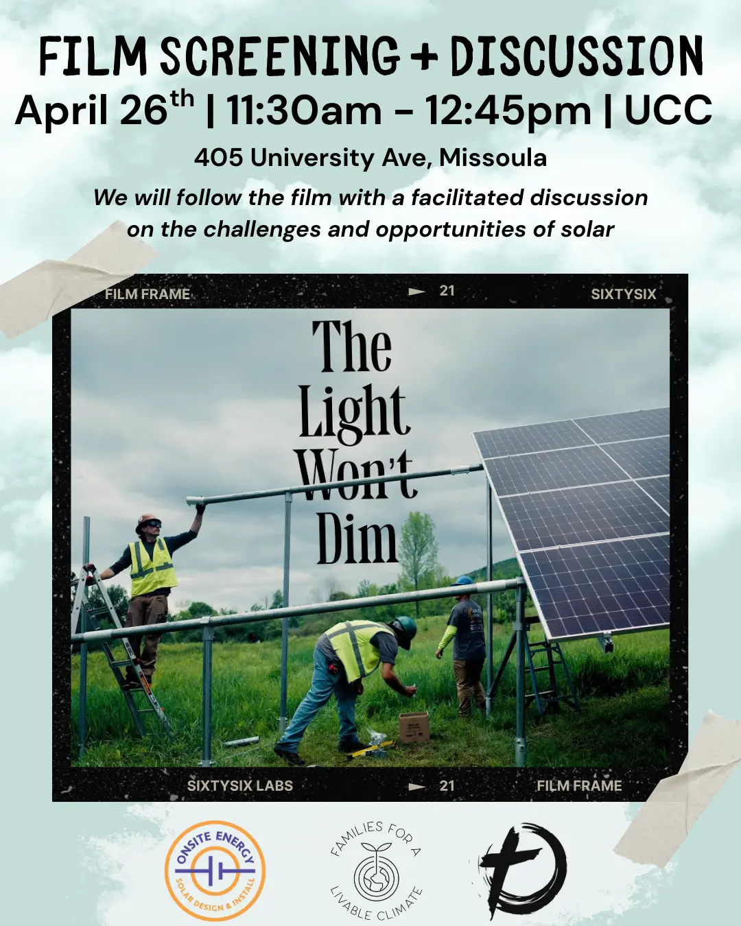A flyer promoting a film screening and discussion about solar energy.