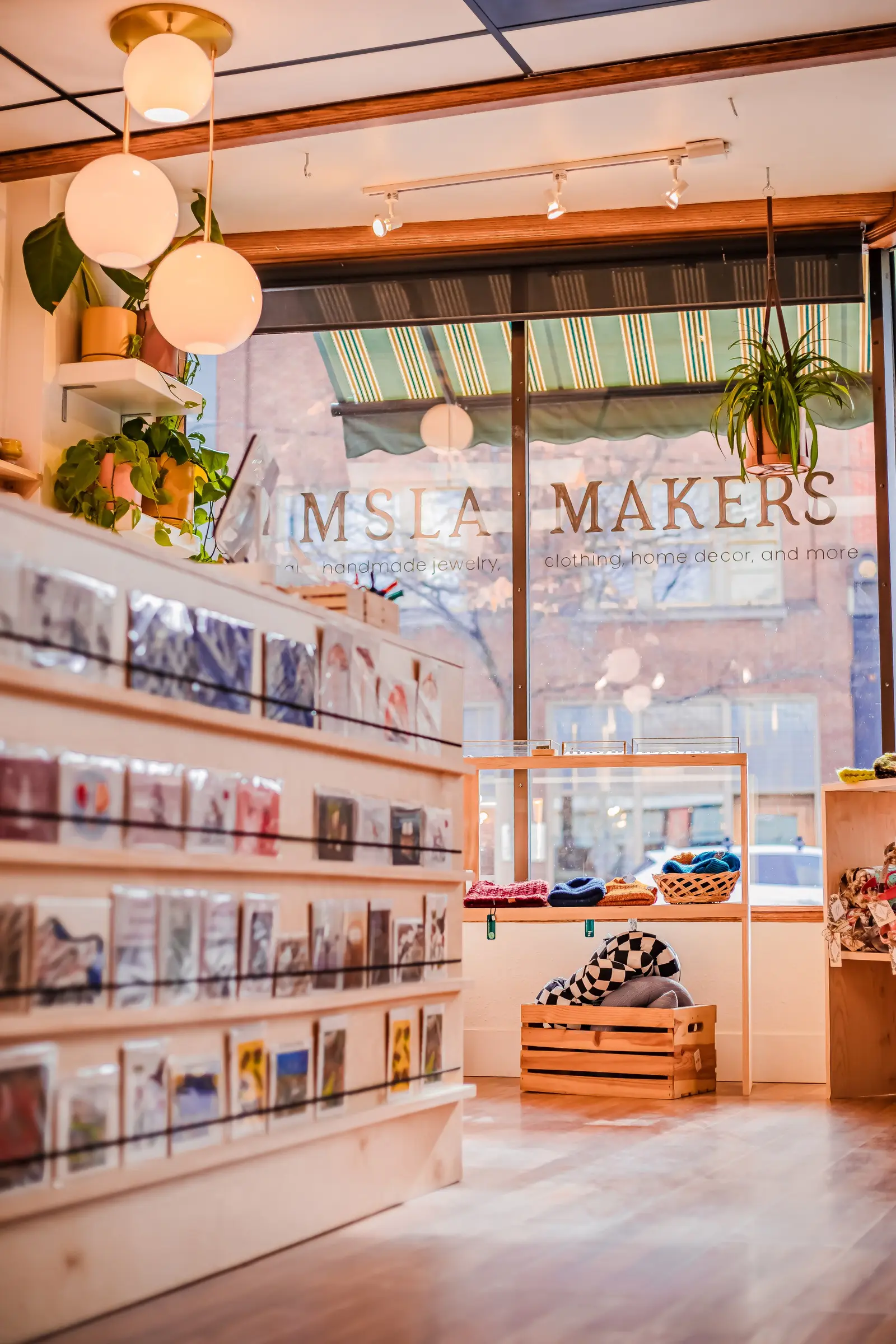 Inside a small store with wooden shelves displaying handmade jewelry, clothing, and home decor. Bright natural light from large front windows illuminates the space, which is decorated with hanging plants and some soft lighting fixtures.