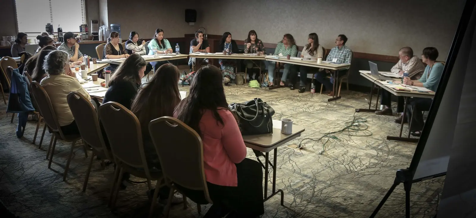 A group of adults sits around tables arranged in a u-shape in a conference room.