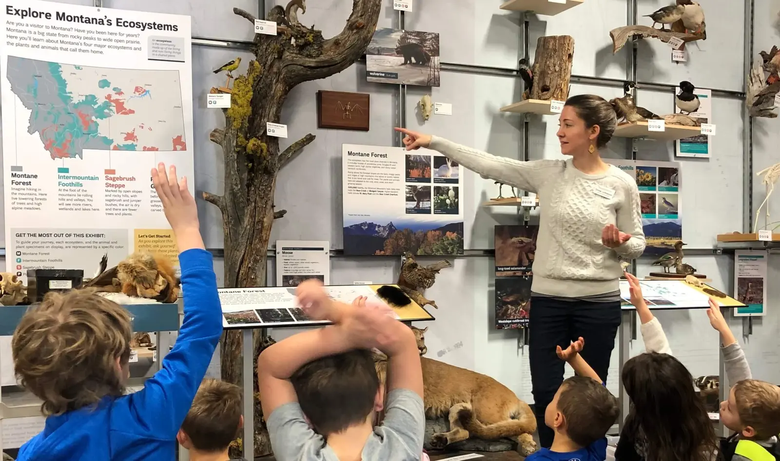 A woman leads a group of children through an exhibit about ecosystems.