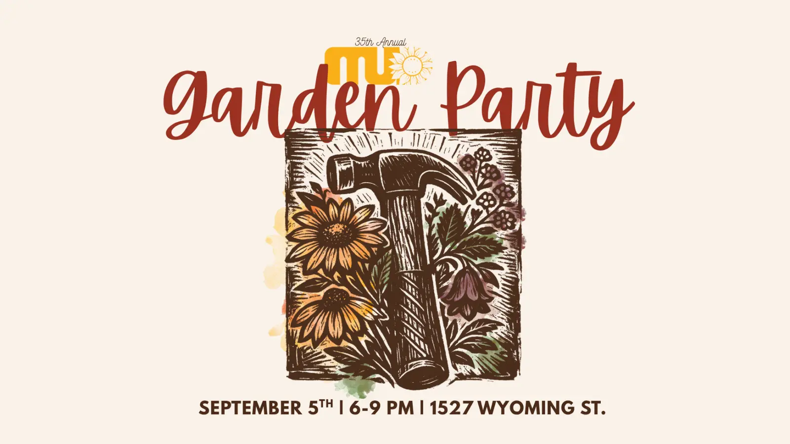 A flyer promoting the 35th Annual Garden Party featuring a hammer and flowers illustration.