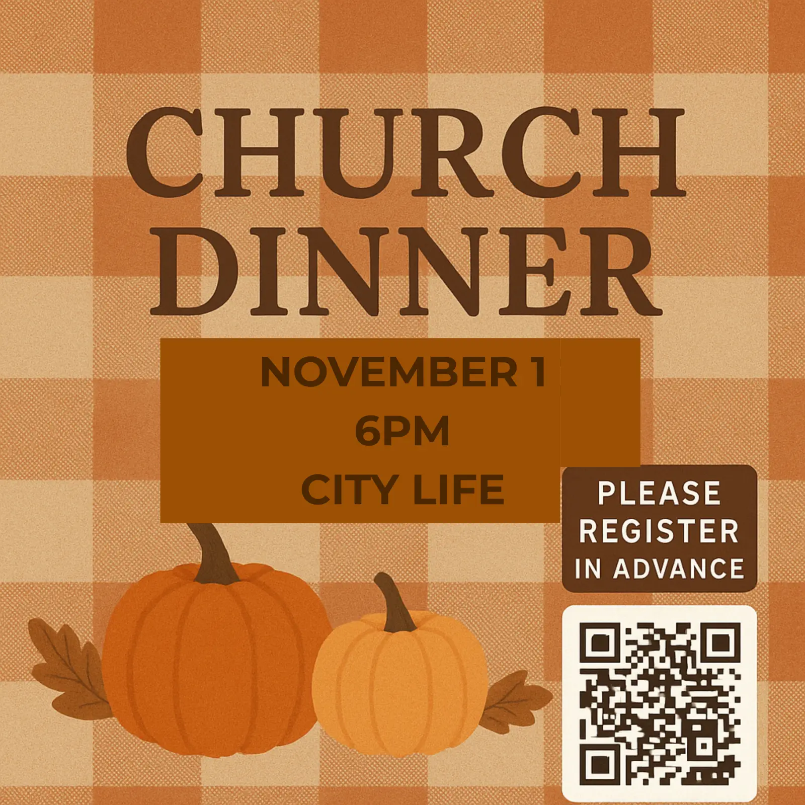 A flyer announces a church dinner on November 1st at 6 PM.