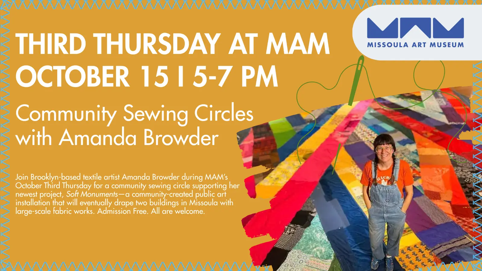 A flyer for an art museum event featuring a community sewing circle with an artist.