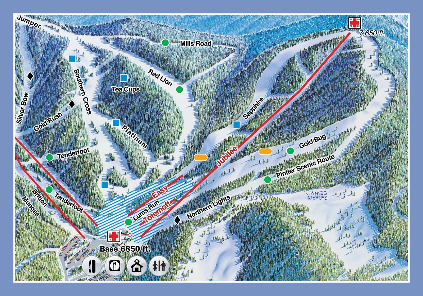 An illustrated map of a ski resort depicting various ski trails and mountain elevations.