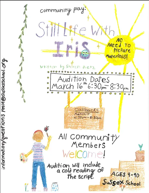 A hand-drawn flyer advertises auditions for a community play titled 'Still Life with Iris'.