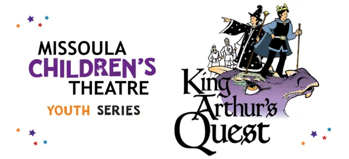 A graphic advertisement for a youth theatre production titled King Arthur's Quest.