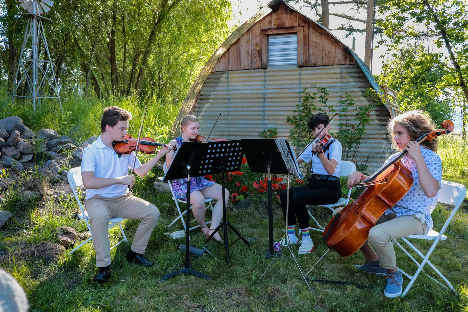 A group of four young musicians plays string instruments outside in a grassy area.