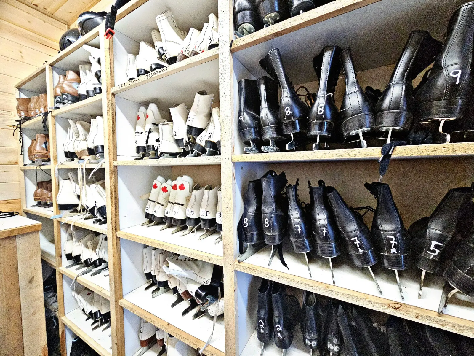 Rows of ice skates are stored on wooden shelves organized by size.