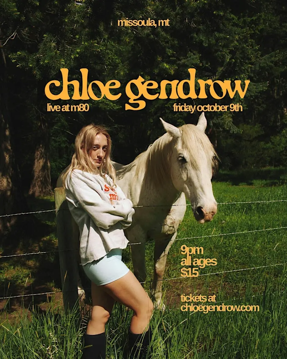 A flyer promotes a performance by Chloe Gendrow featuring a woman standing with a horse.