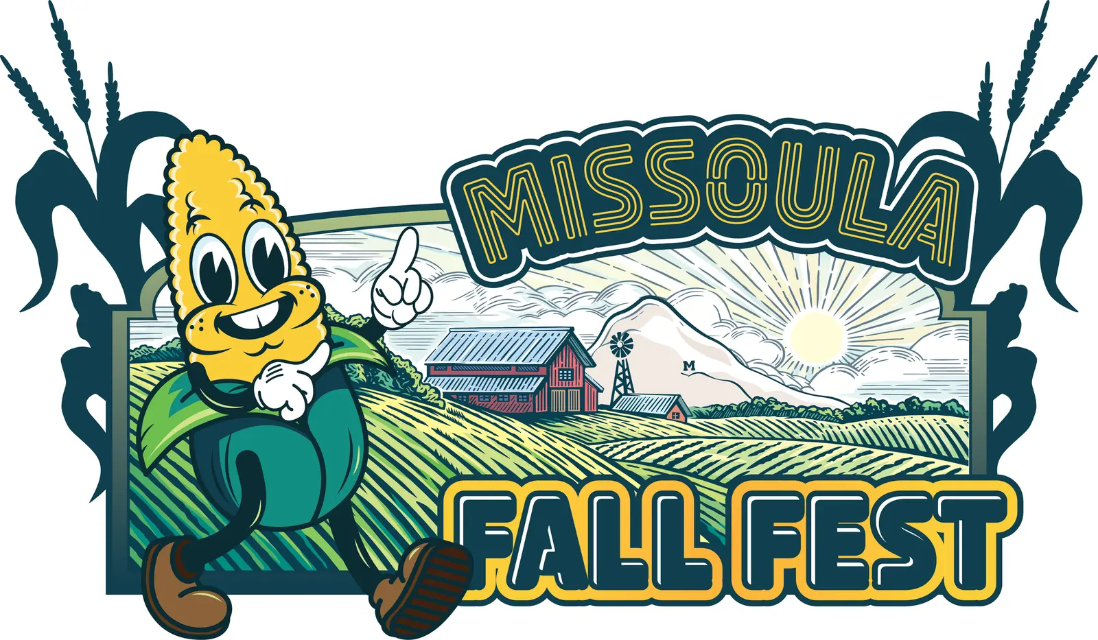 A colorful graphic features a cartoon ear of corn standing in front of a rural landscape with the text "Missoula Fall Fest."