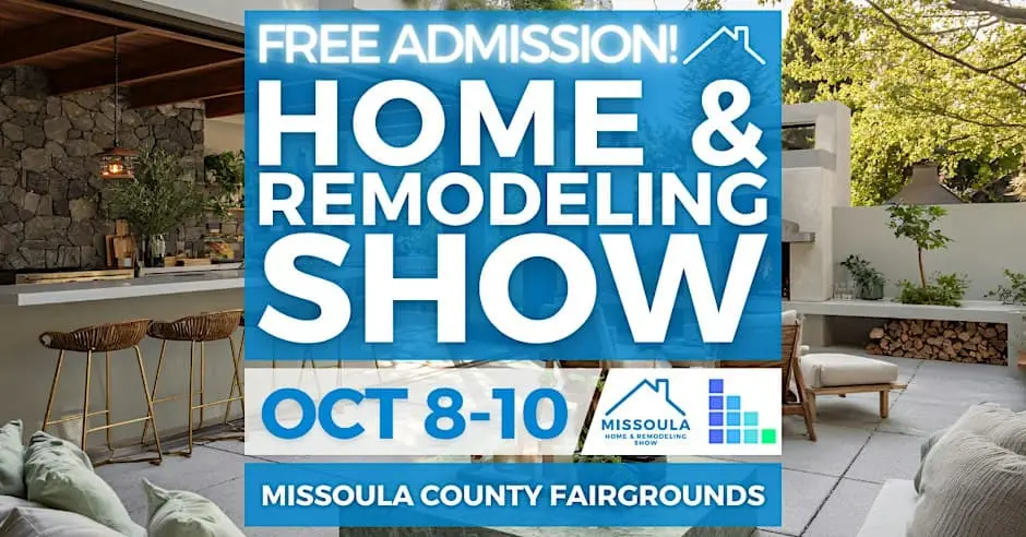 A promotional flyer for a home and remodeling show features an outdoor patio setting.