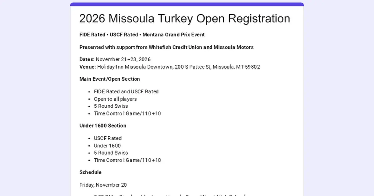 A registration flyer for a chess tournament.