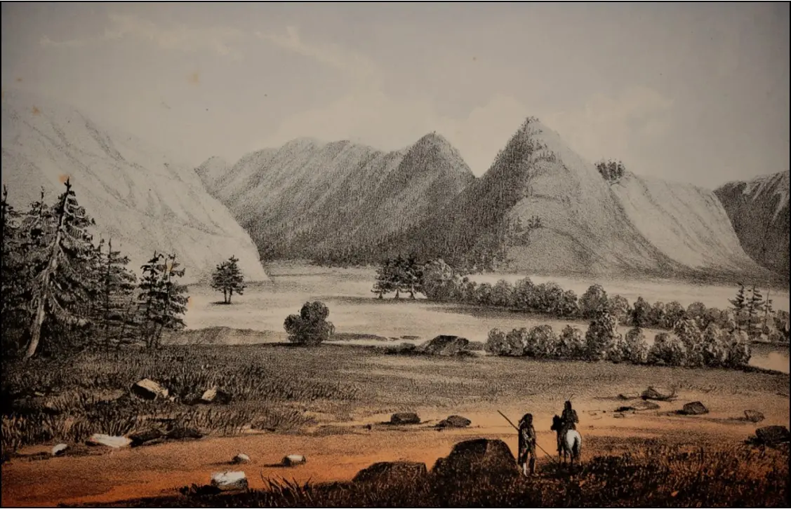 An engraving illustrates a landscape featuring mountains, trees, and figures in the foreground.