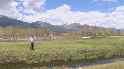 Photo from nbcmontana.com A man stands in a grassy field with a river and mountains in the background.