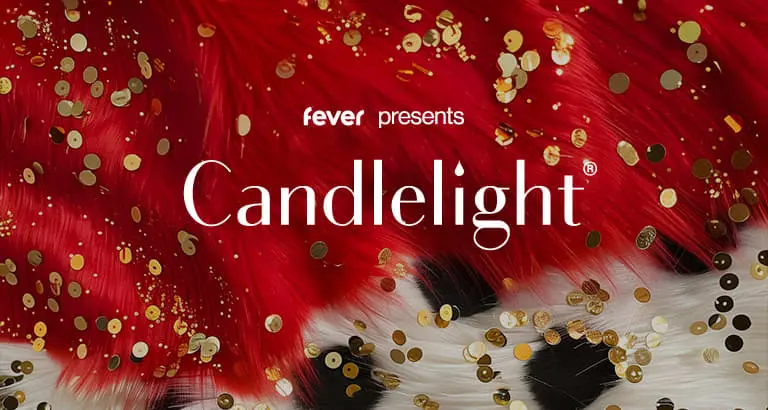 A graphic featuring the text "fever presents Candlelight" over a background of red and white faux fur with gold sequins.
