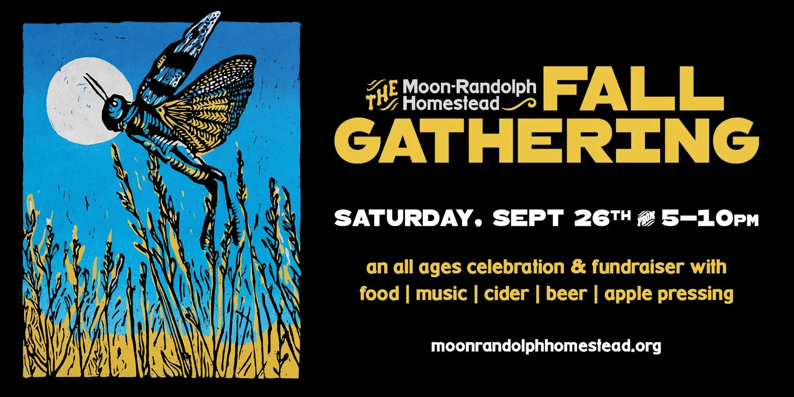 A promotional flyer displays event details next to a stylized illustration of a grasshopper.