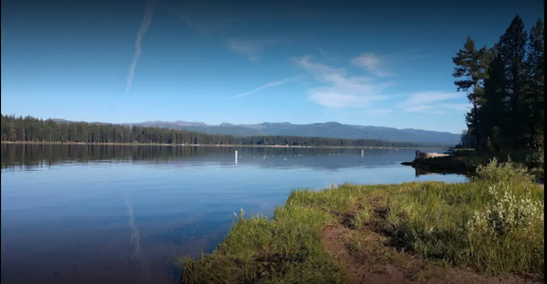 A calm lake surrounded by trees and mountains under a blue sky.