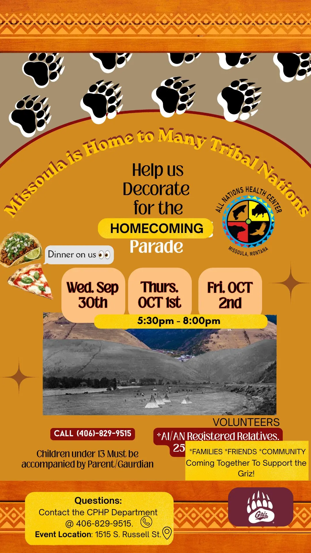 A flyer promoting a homecoming parade decoration event hosted by the All Nations Health Center.