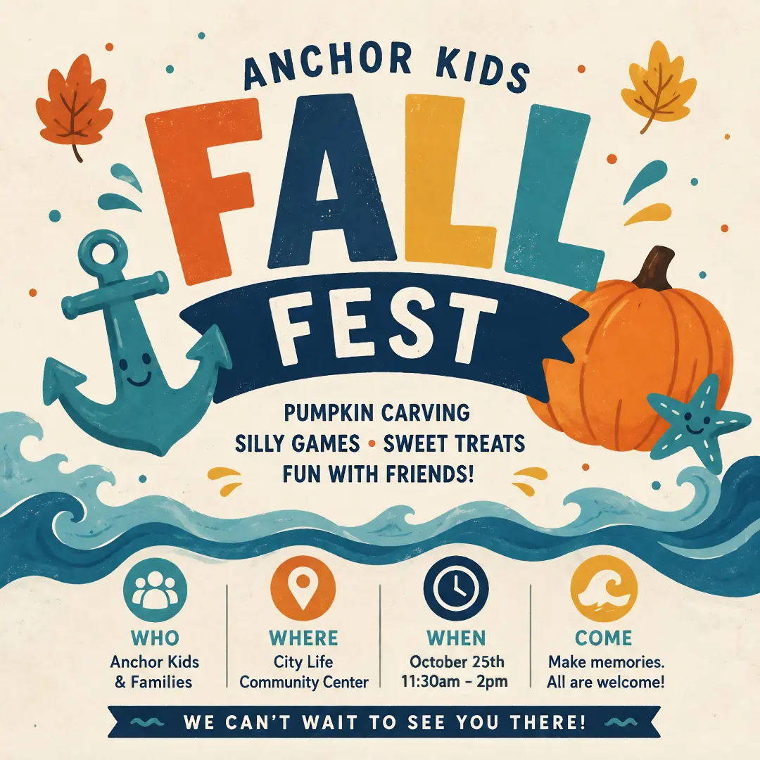 A flyer for an event called Anchor Kids Fall Fest featuring fall-themed and nautical illustrations.