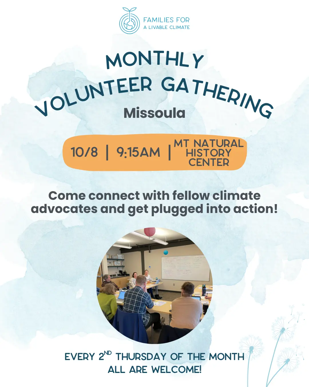 A flyer promoting a monthly volunteer gathering for an organization called Families for a Livable Climate.