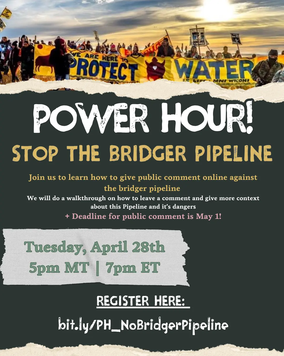 A flyer promoting an online event to provide public comments against the Bridger Pipeline.