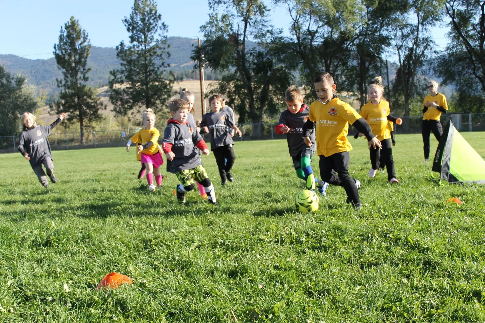 A group of children actively participate in a soccer drill on a grassy field.