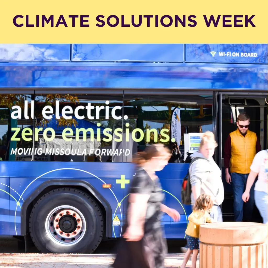 A flyer promoting Climate Solutions Week features an electric bus and pedestrians.