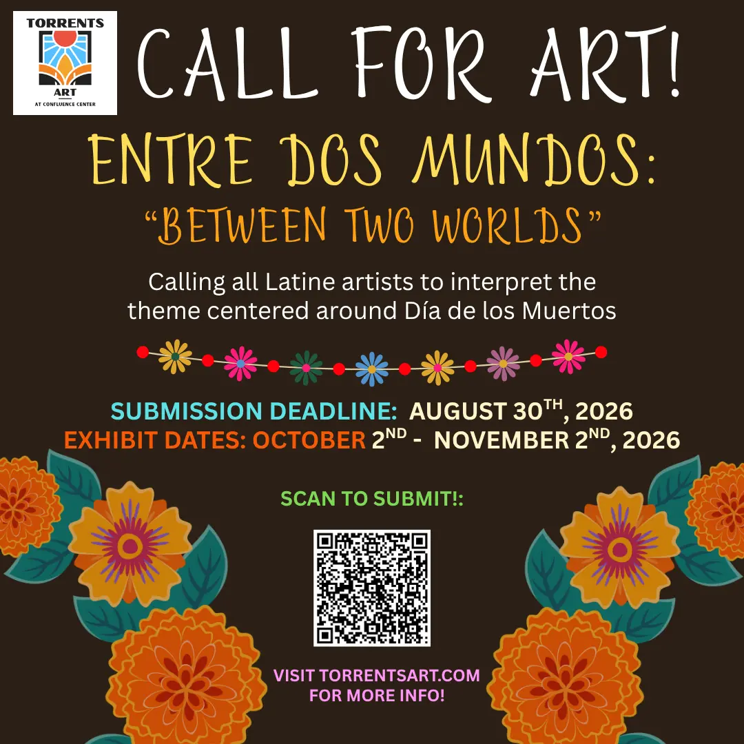 A flyer calling for art submissions for an exhibition titled Between Two Worlds with a Día de los Muertos theme.