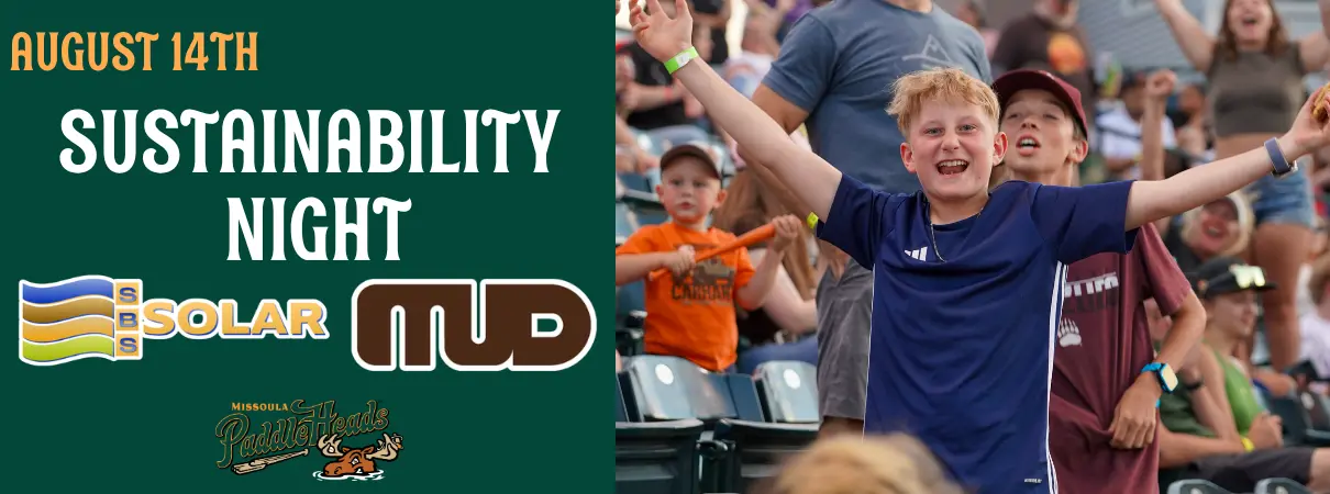 A promotional graphic for Sustainability Night featuring children and adults cheering at an event.