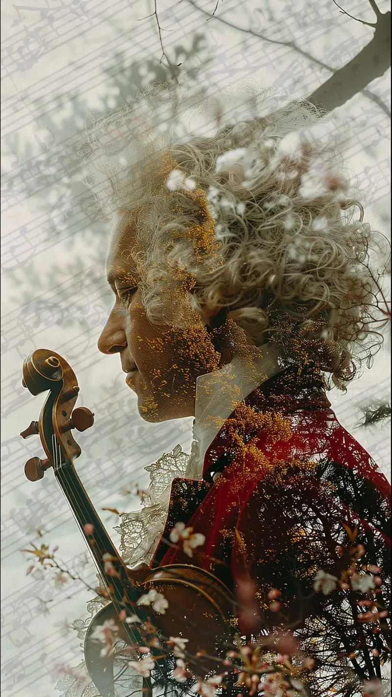 A double exposure photograph features a person in historical attire with a violin, overlaid with images of musical notation and branches.