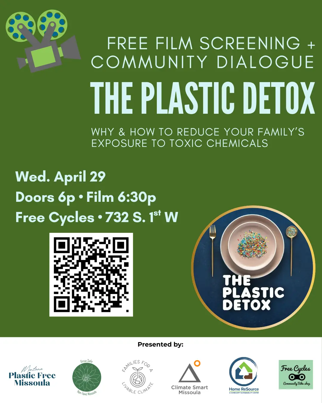 A flyer promotes a free film screening and community dialogue titled 'The Plastic Detox'.