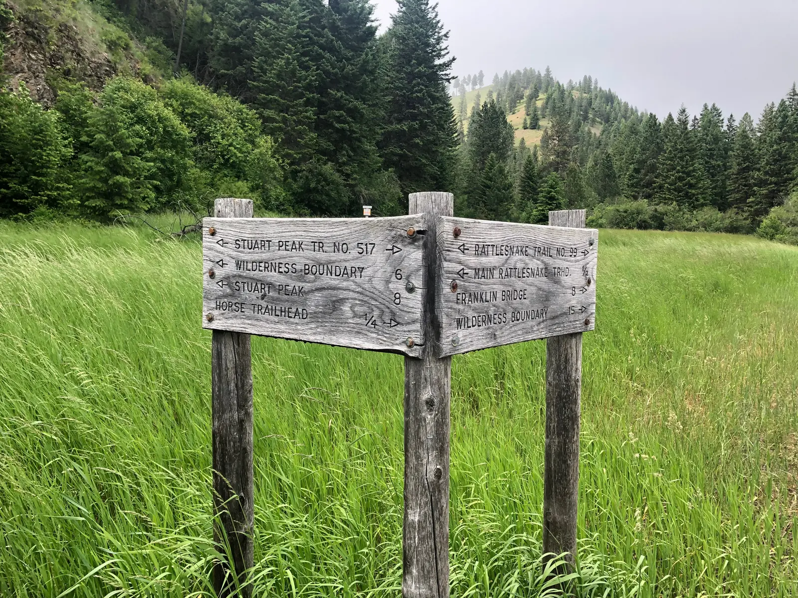 A wooden trail signpost stands in a grassy field with forested hills in the background.
