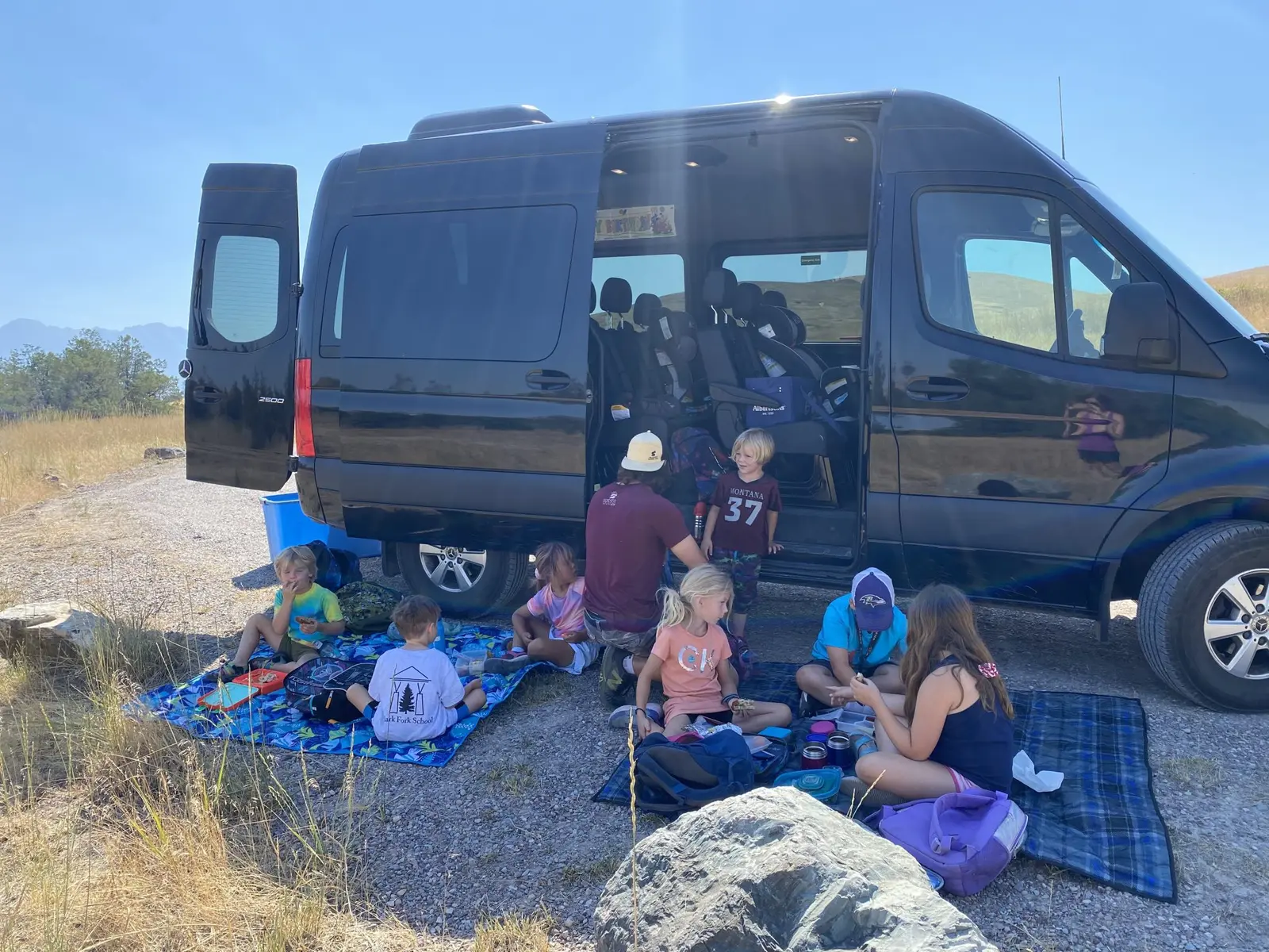 A group of children and an adult have a picnic on blankets next to a passenger van outdoors.