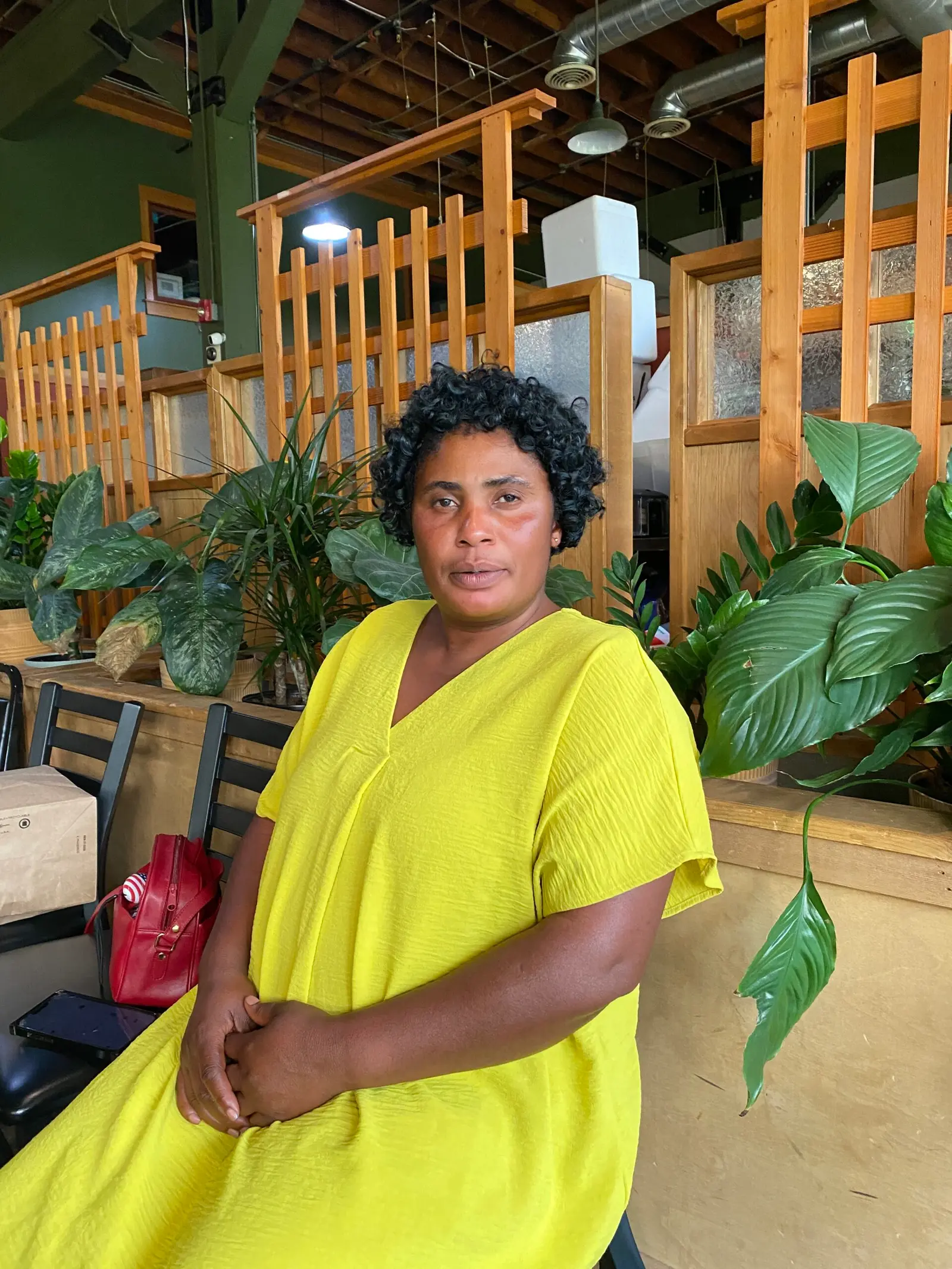 A woman wearing a yellow dress sits in a room with indoor plants.
