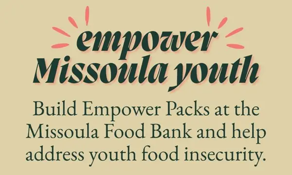 A graphic advertisement encourages viewers to support local youth by building meal packs at a food bank.