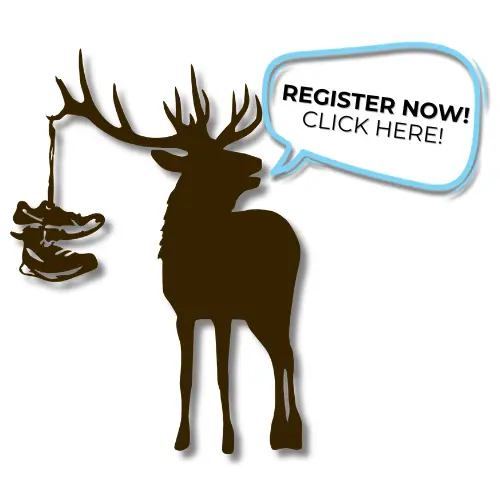 A silhouette of a deer with sneakers hanging from its antlers and a speech bubble prompting registration.