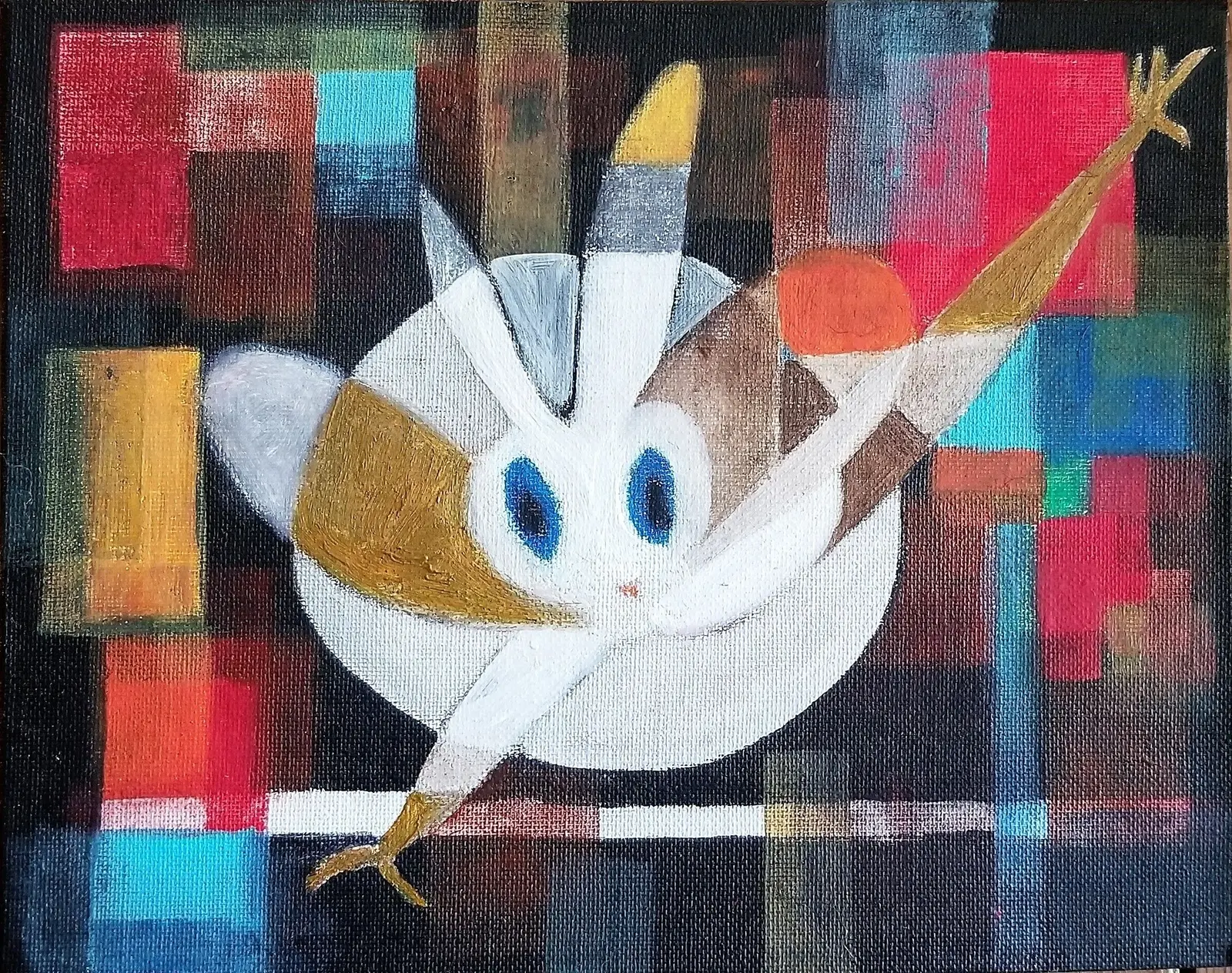 An acrylic painting on canvas depicts a stylized cartoon creature set against a colorful, grid-like geometric background.