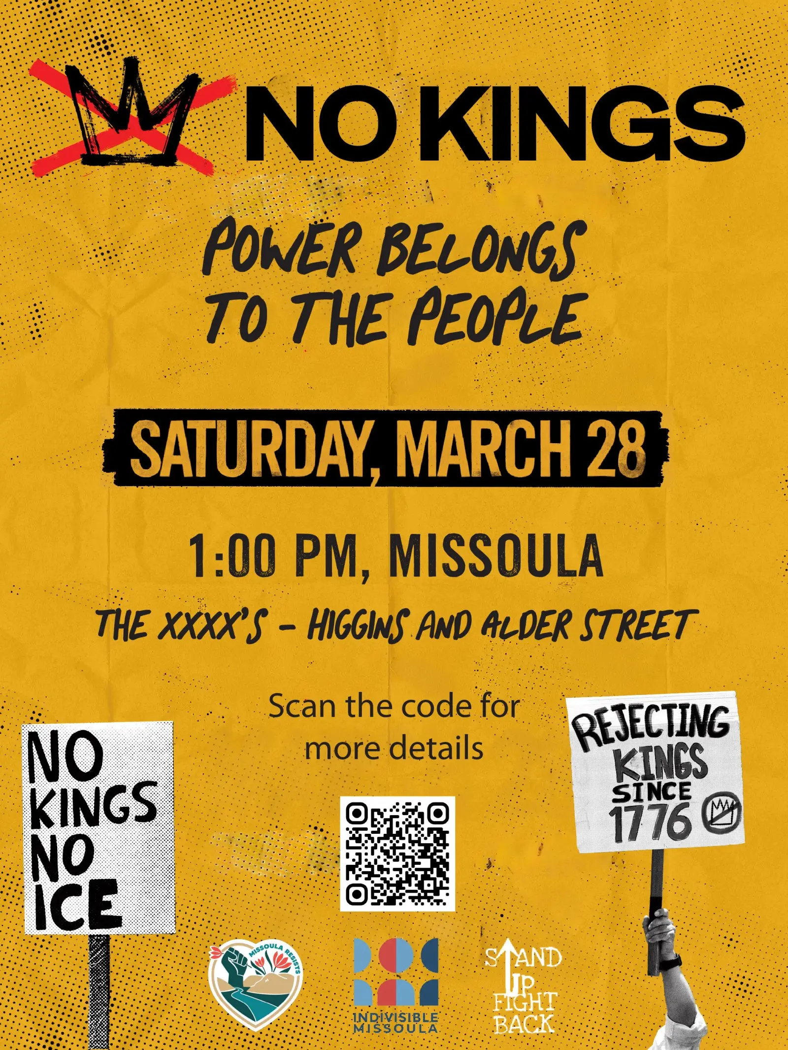 A political flyer displays text and a QR code on a textured yellow background.