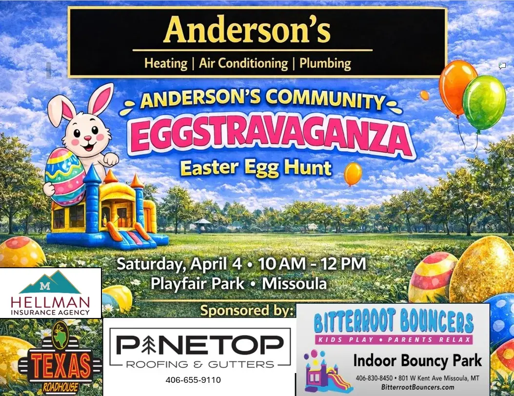 A flyer for an Easter egg hunt event features a park background with a bounce house and balloons.