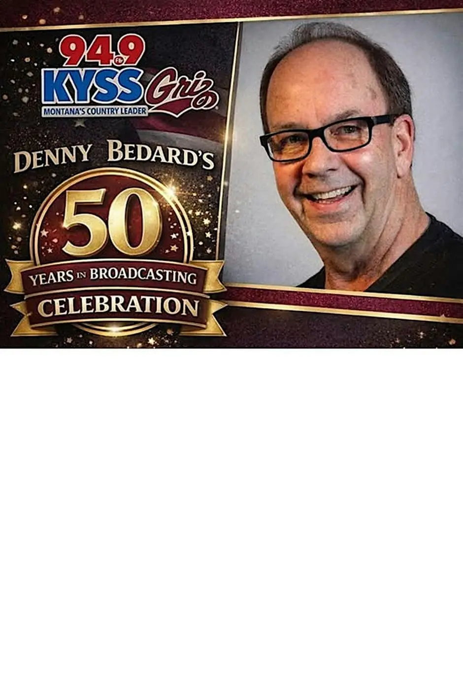 A promotional graphic celebrating 50 years in broadcasting for an individual.