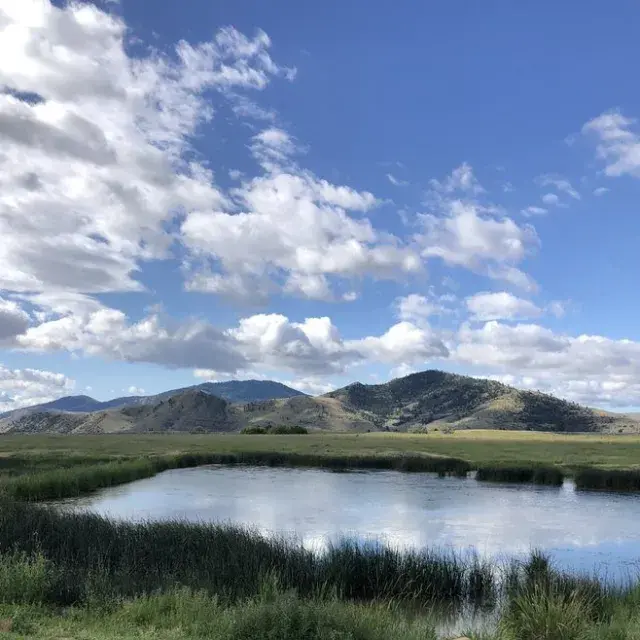 Scenic view of pond and mountains with a bench and tub in the foreground.