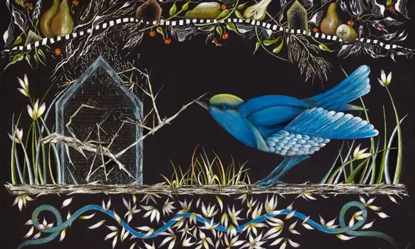 A colorful illustration depicts a bright blue bird near a small, skeletal house structure against a dark background.