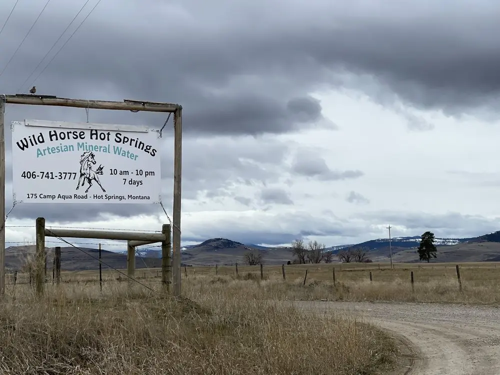 A sign for a hot springs business stands in a field under a cloudy sky.