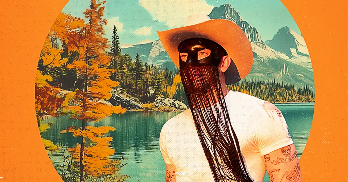 A person wearing a cowboy hat and a fringed face mask stands in front of a scenic mountain lake background.