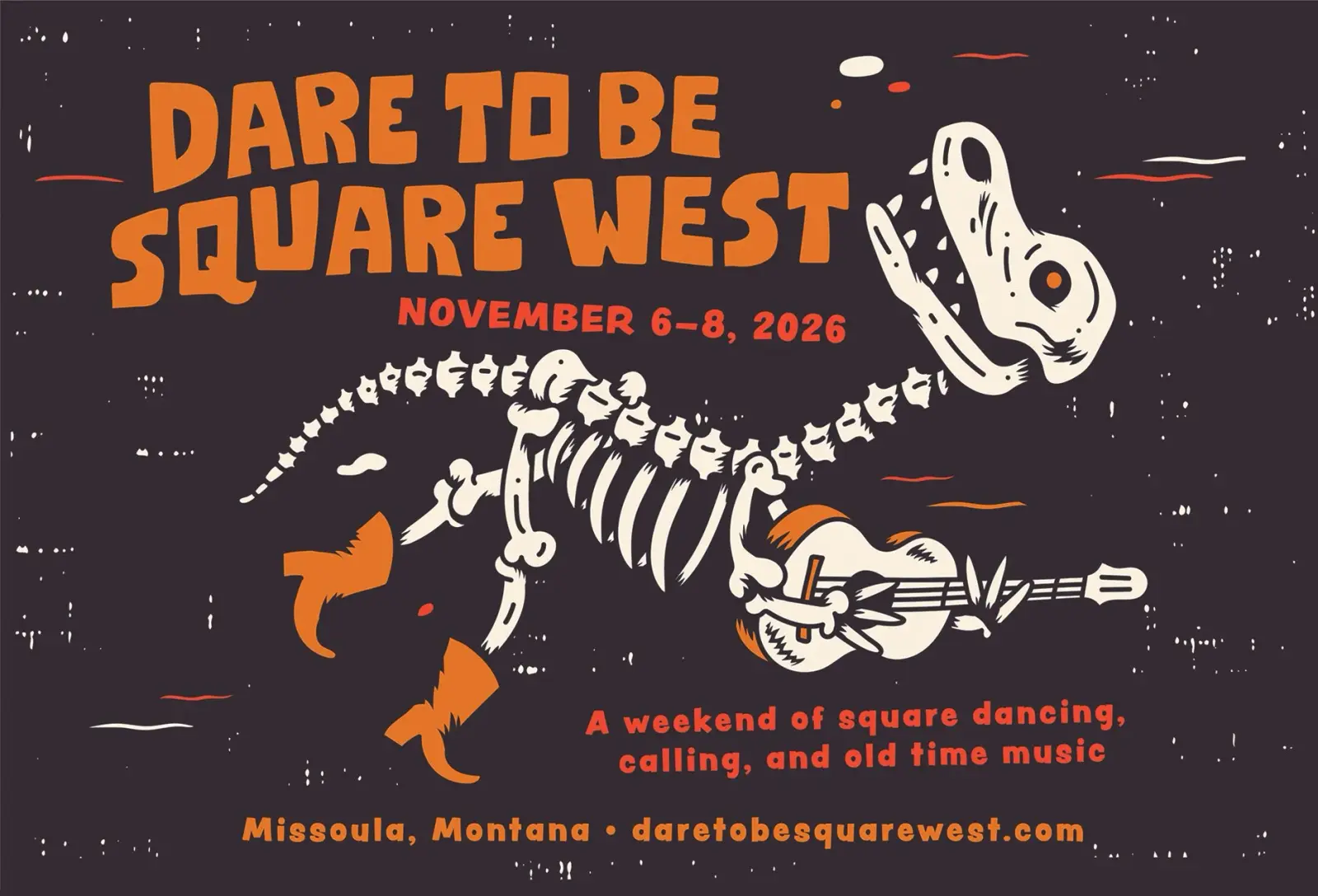 This graphic advertises a square dancing and music event with an illustration of a dancing skeleton.
