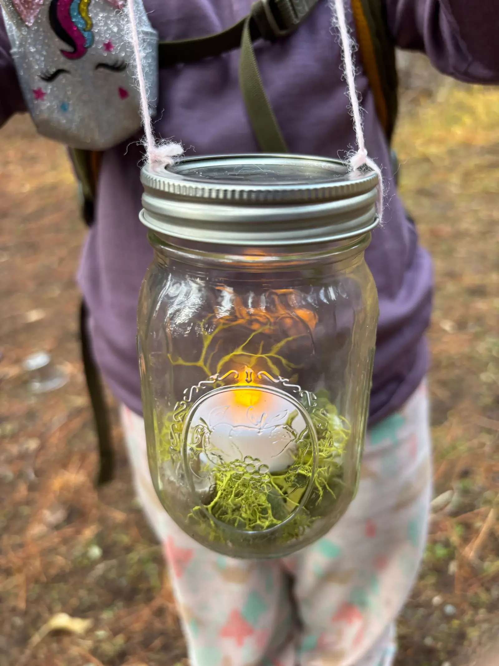 A person holds a handmade mason jar lantern containing a light and moss.