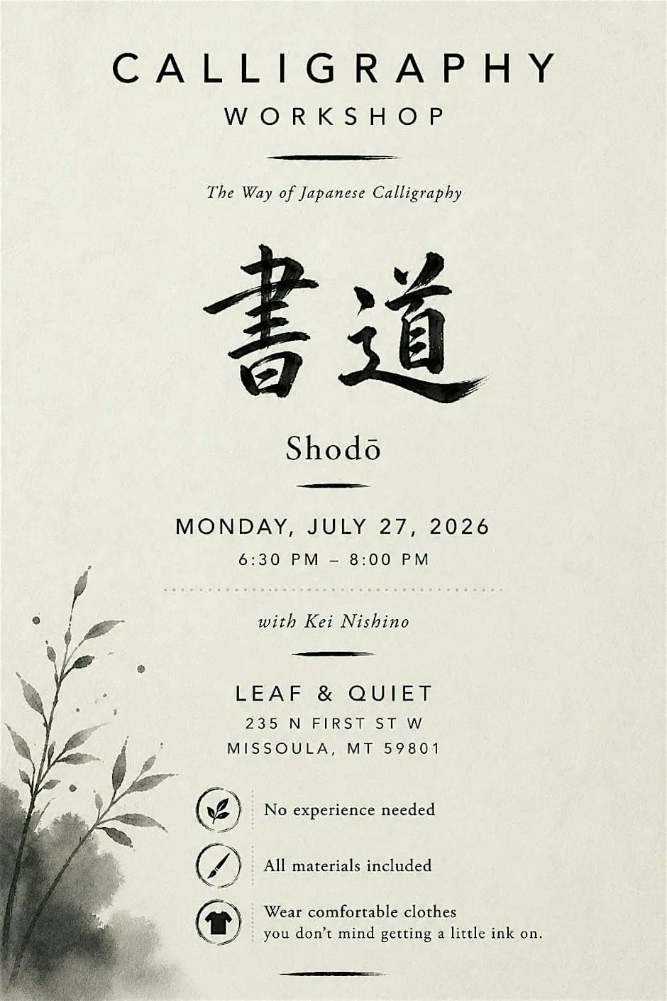A flyer for a calligraphy workshop titled The Way of Japanese Calligraphy.